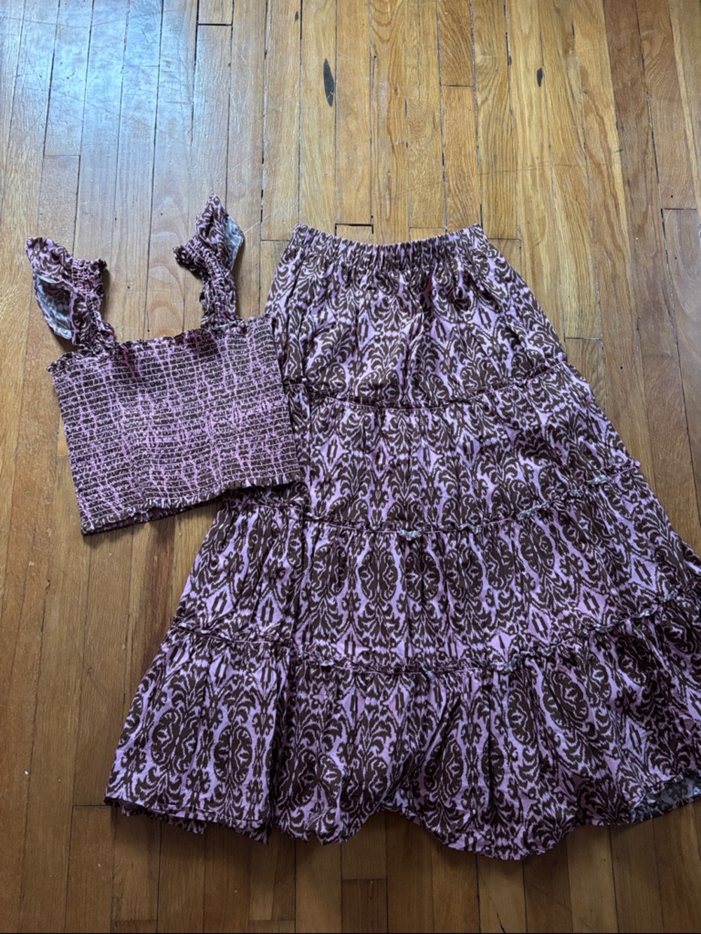 Tiered A-Line Midi Skirt in Mauve Floral Print